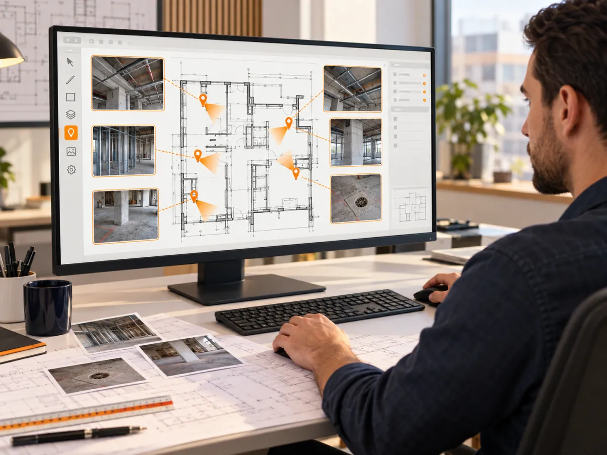 Technicien consultant des photos géolocalisées sur un plan dans caDDrag Desktop