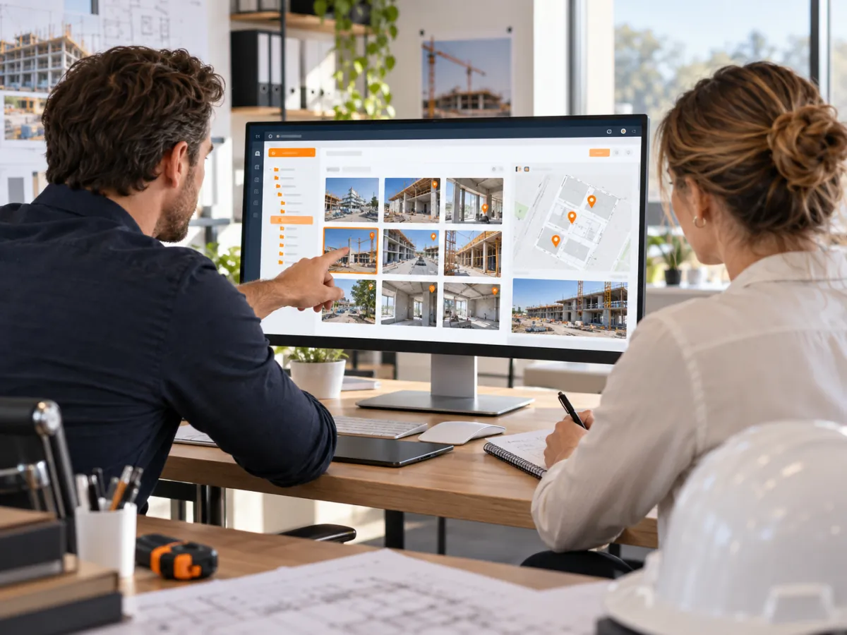 Équipe technique consultant des photos et une carte de chantier dans caDDrag Shared