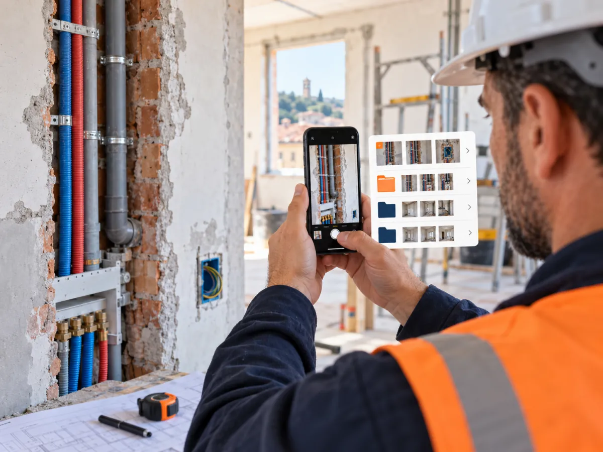 Technicien classant des photos d’installations avec caDDrag Mobile sur smartphone